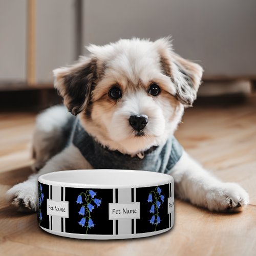 Black  White Dog Bowl With Bluebells  Text
