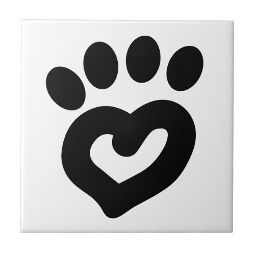 Black  White Dog Heart Paw Print Ceramic Tile