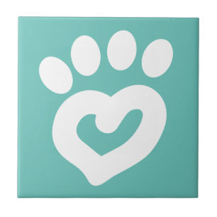 Black & White Dog Heart Paw Print Teal Ceramic Tile