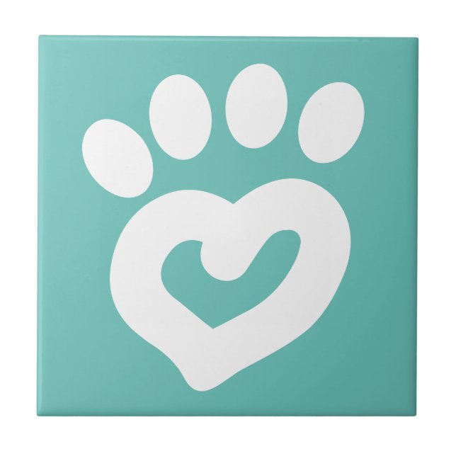 Black & White Dog Heart Paw Print Teal Ceramic Tile (Front)