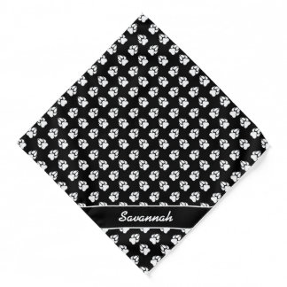 Black & White Dog Paw Print Pattern & Custom Name Bandana