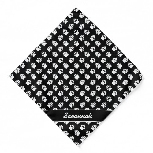 Black  White Dog Paw Print Pattern  Custom Name Bandana