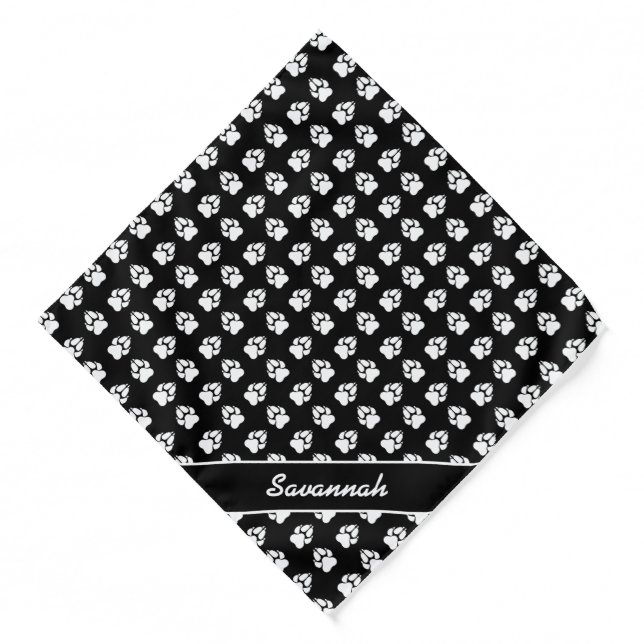 Black & White Dog Paw Print Pattern & Custom Name Bandana (Front)