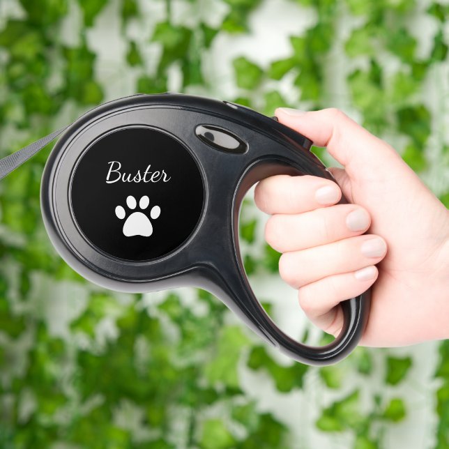 Black White Dog Paw Print Simple Script  Retractable Pet Leash (Hand)