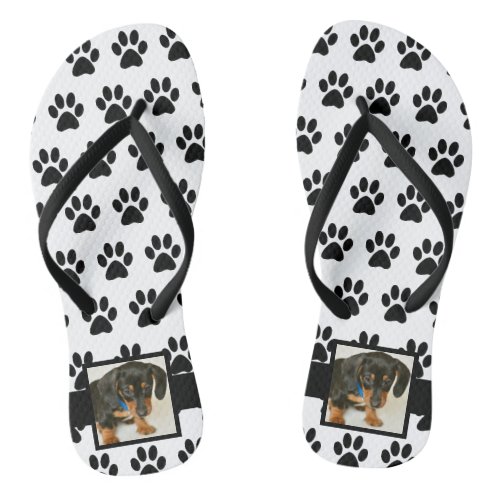 Black White Dog Pet Lover Photo Collage Pawprint Flip Flops