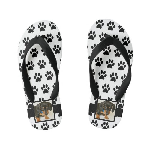 Black White Dog Pet Lover Photo Collage Pawprint Kids Flip Flops