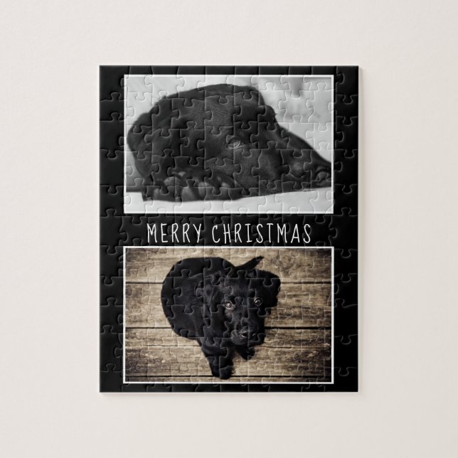 Black White Dog Puppy 2 Photo Collage Christmas Jigsaw Puzzle (Vertical)