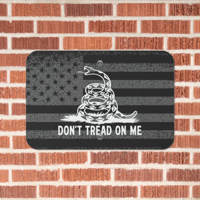 Black & White Don't Tread On Me American Flag Metal Sign (In Situ(Brick))