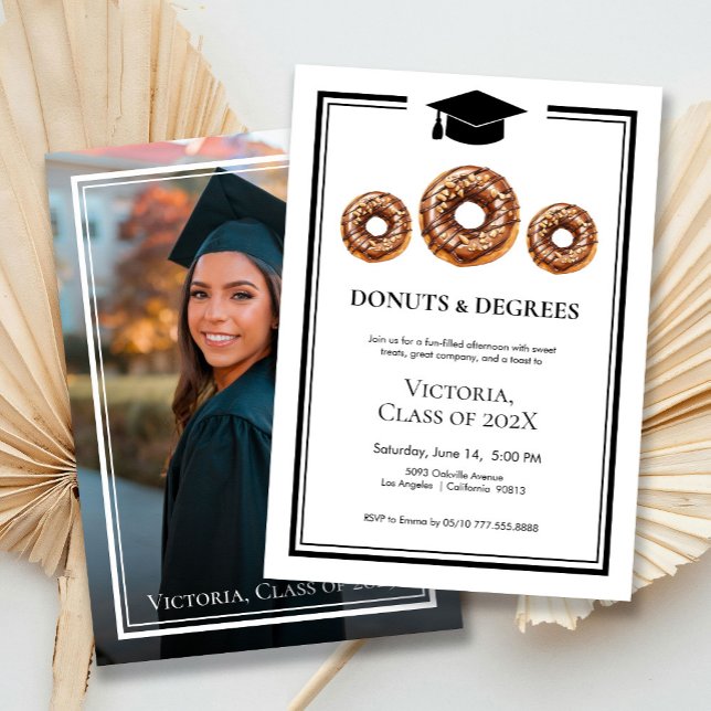 Black & White Donuts and Degrees Photo Graduation  Invitation (Creator Uploaded)