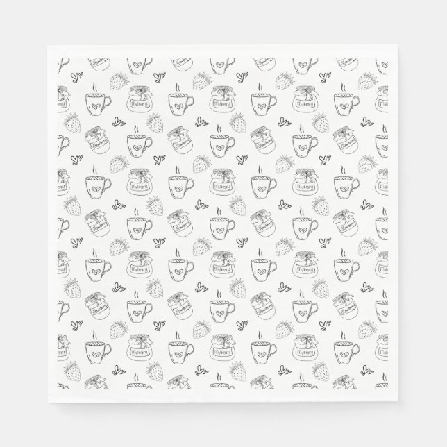 Black White Doodle Breakfast Pattern Hand Drawn  Napkins (Front)