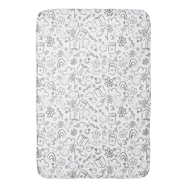 Black & White Doodle Cute Things Seamless Pattern Bath Mat (Front Vertical)