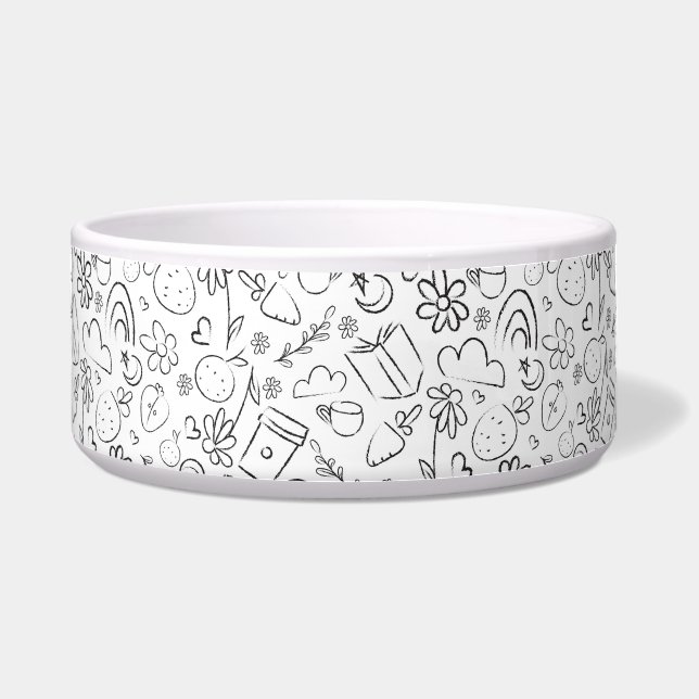 Black & White Doodle Cute Things Seamless Pattern Bowl (Front)