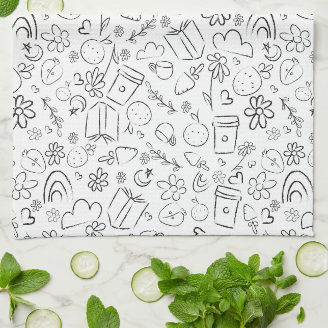 Black & White Doodle Cute Things Seamless Pattern Kitchen Towel (Folded)