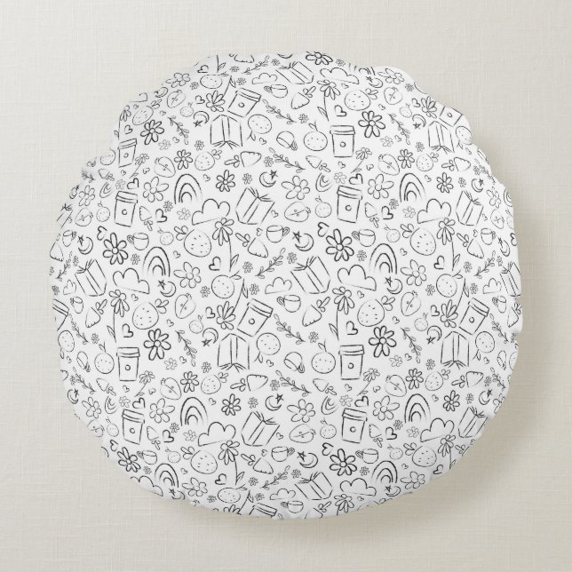 Black & White Doodle Cute Things Seamless Pattern Round Pillow (Front)