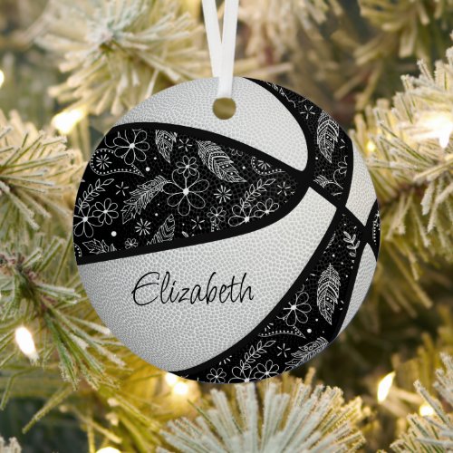 black white doodle flowers feathers basketball metal ornament