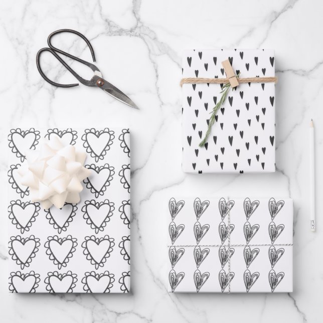 Black white doodle hearts cute whimsical pattern wrapping paper sheets (Front)