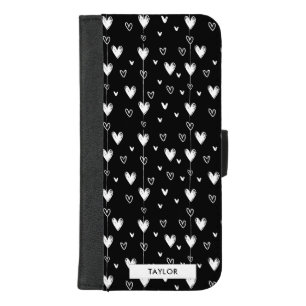 Black White Doodle Hearts Pattern Monogram Name iPhone 8/7 Plus Wallet Case