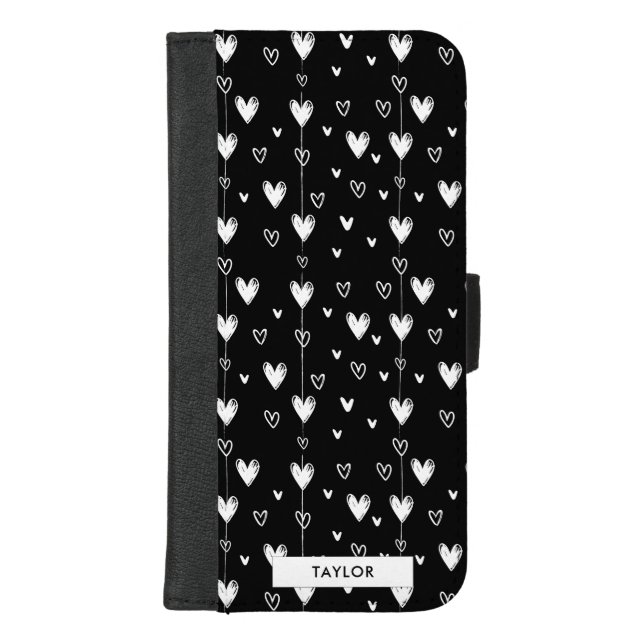 Black White Doodle Hearts Pattern Monogram Name iPhone Wallet Case (Front)