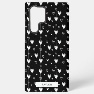 Black White Doodle Hearts Pattern Monogram Name Samsung Galaxy S22 Ultra Case