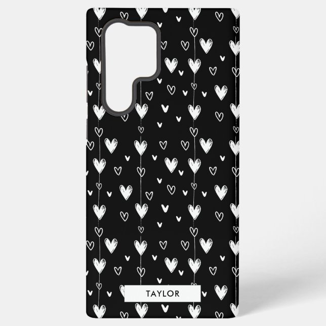 Black White Doodle Hearts Pattern Monogram Name Samsung Galaxy Case (Back)