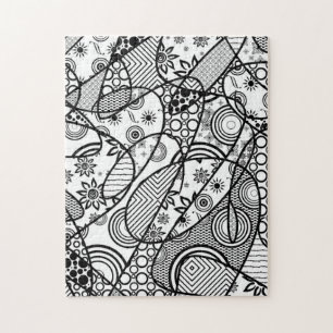 Black & White Doodle Pattern Patchwork 01 Jigsaw Puzzle
