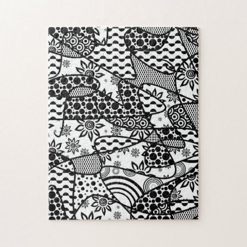 Black  White Doodle Pattern Patchwork 03 Jigsaw Puzzle