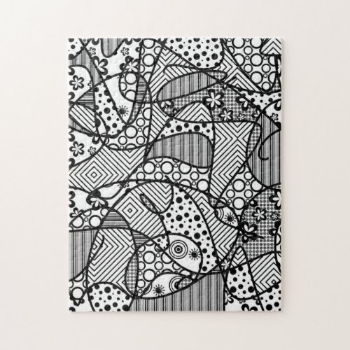 Black  White Doodle Pattern Patchwork 04 Jigsaw Puzzle