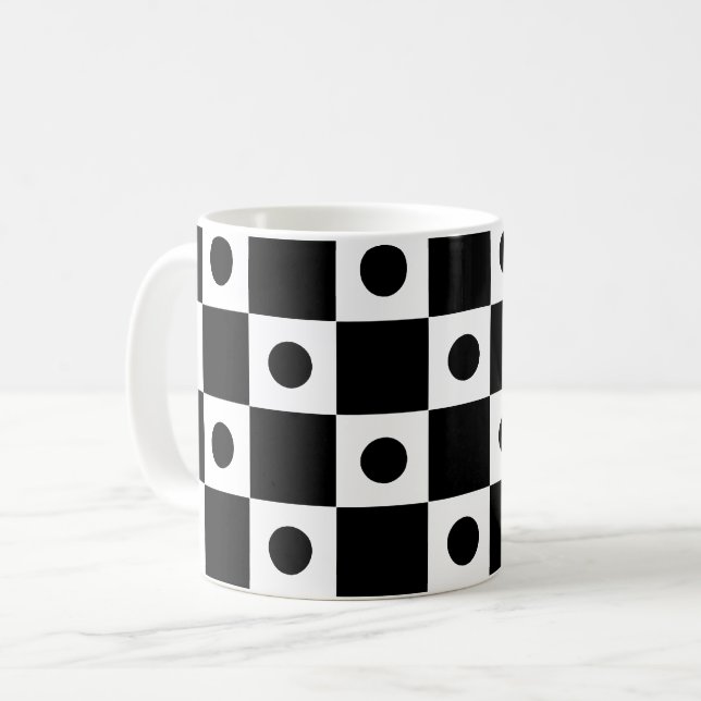 Black White Dot Circle Square Checkerboard Pattern Coffee Mug (Front Left)