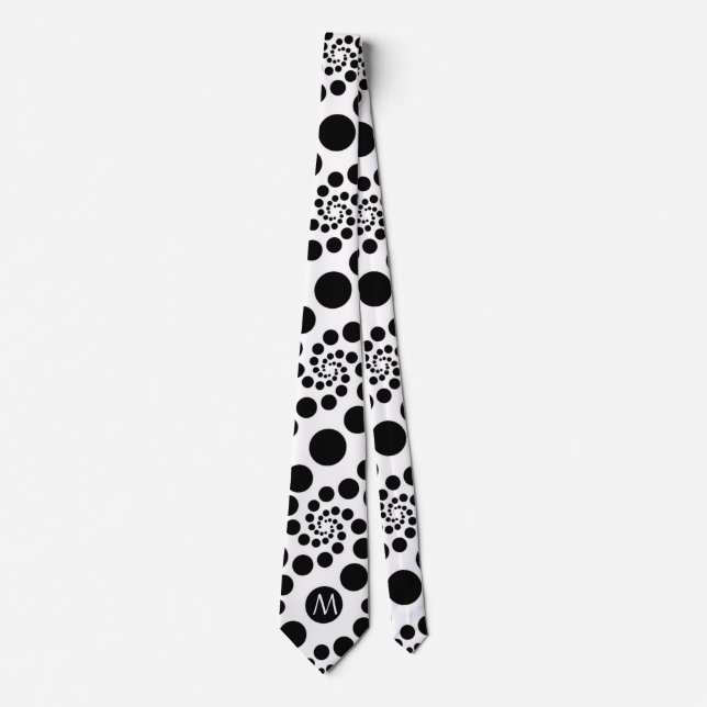 Black & White Dot Swirls Pattern Monogram Neck Tie (Front)