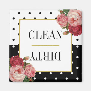 Black White Dots Floral Clean Dirty Dishwasher Magnet