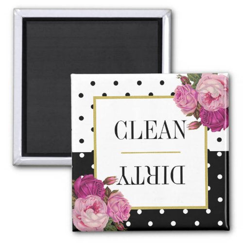 Black White Dots Floral Clean Dirty Dishwasher Magnet