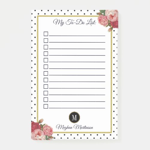 Black White Dots Floral Monogram Name To Do List Post_it Notes