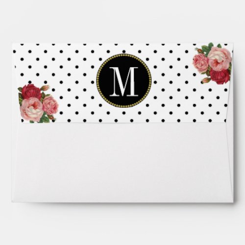 Black White Dots Floral Monogram Return Address Envelope