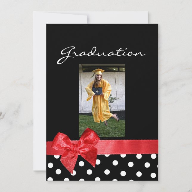 Black + white dots & Red Bow Photo Graduation Invitation (Front)