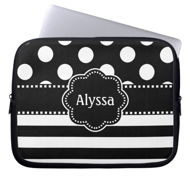Black White Dots Stripe Personalized Laptop Sleeve (Front)