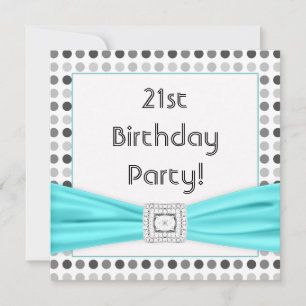 Black White Dots Teal Diamond 21st Birthday Party Invitation