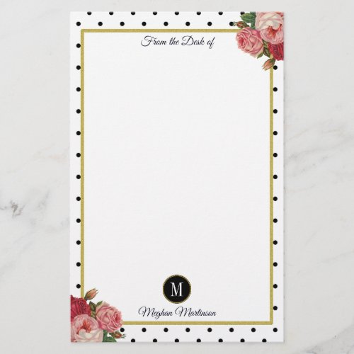 Black White Dots Vintage Floral Monogram Name Stationery