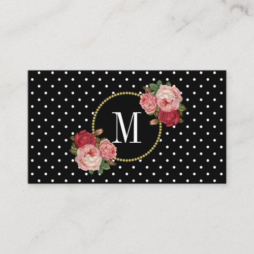 Black White Dots Vintage Roses Floral Monogram Business Card