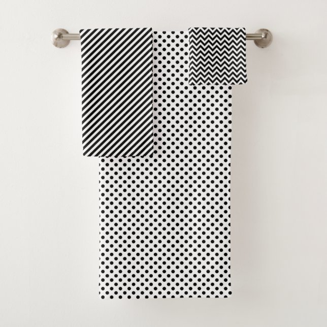 Black White Dots Zig Zag Stripes Pattern Bath Towel Set (Insitu)