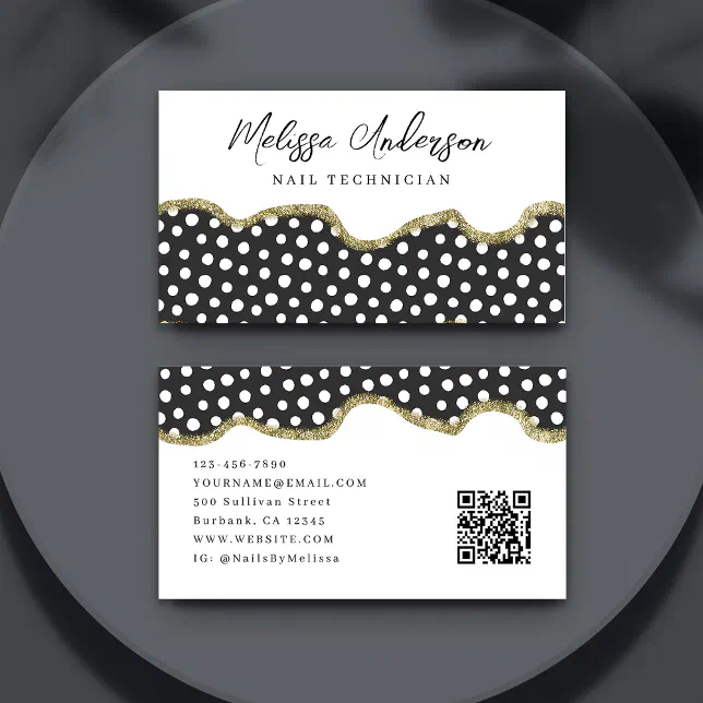 Preppy Key Card Code Black White Dotty Gold Glitter Preppy QR Code Business Card | Zazzle