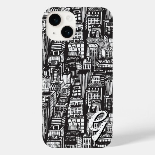 Black  White Downtown City Skyscrapers Monogram Case_Mate iPhone 14 Case