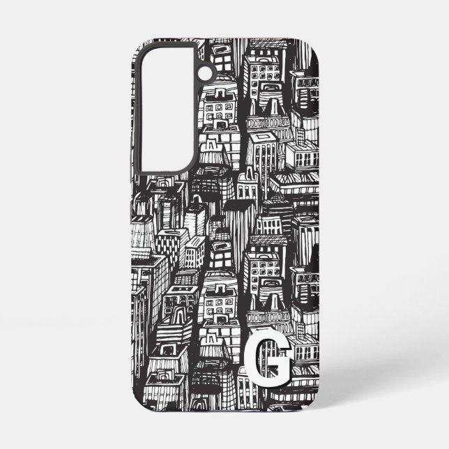 Black & White Downtown City, Skyscrapers, Monogram Samsung Galaxy Case (Back)