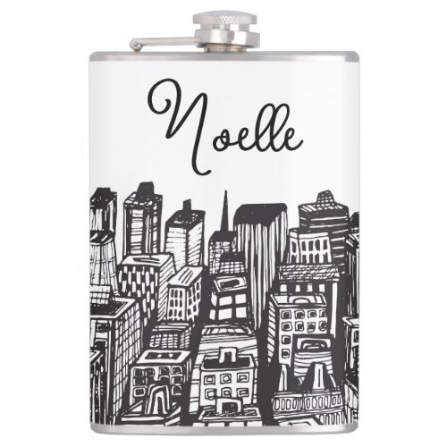 Black  White Downtown City Skyscrapers Name Flask