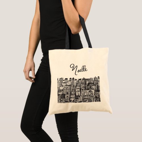 Black  White Downtown City Skyscrapers Name Tote Bag