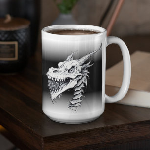 Black & White Dragon Skull D20 Dice Board Gamer Coffee Mug