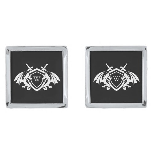 Black White Dragon Swords Shield Monogram Initial Cufflinks