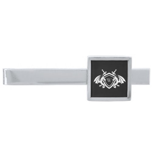 Black White Dragon Swords Shield Monogram Initial Silver Finish Tie Bar