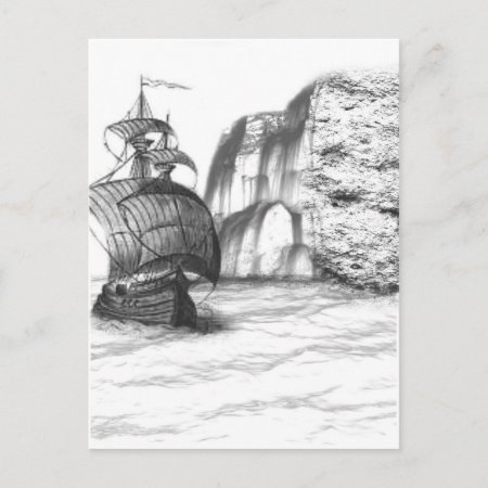 Black & White Drawing Of A Sailing Ship Postcard