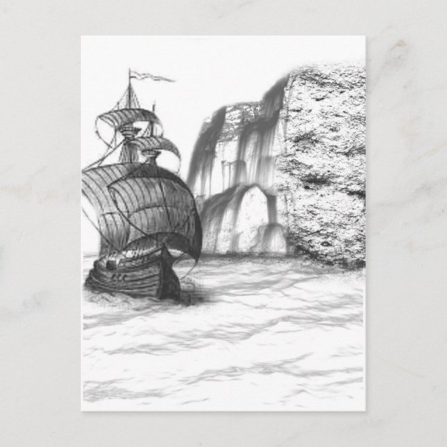 Black & White Drawing of a Sailing Ship Postcard (Front)