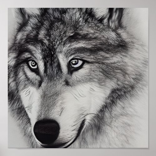 Black White Drawing of a Wolf Poster